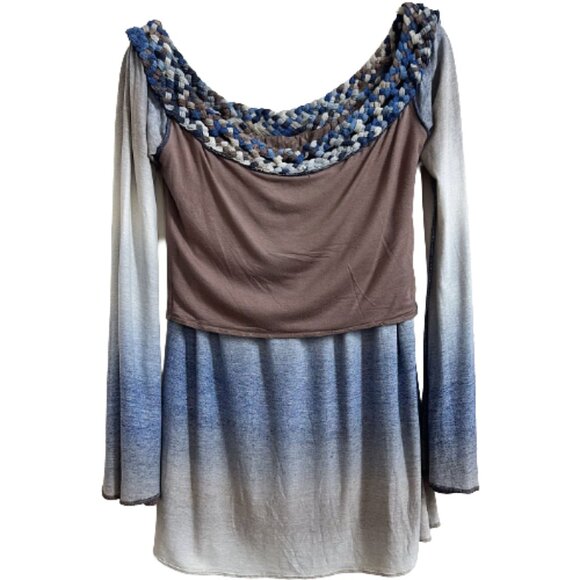 Sky Ombre Braided Neckline Boho Blouse Sky Blue Beige M L Tunic Top Boutique - Picture 7 of 9